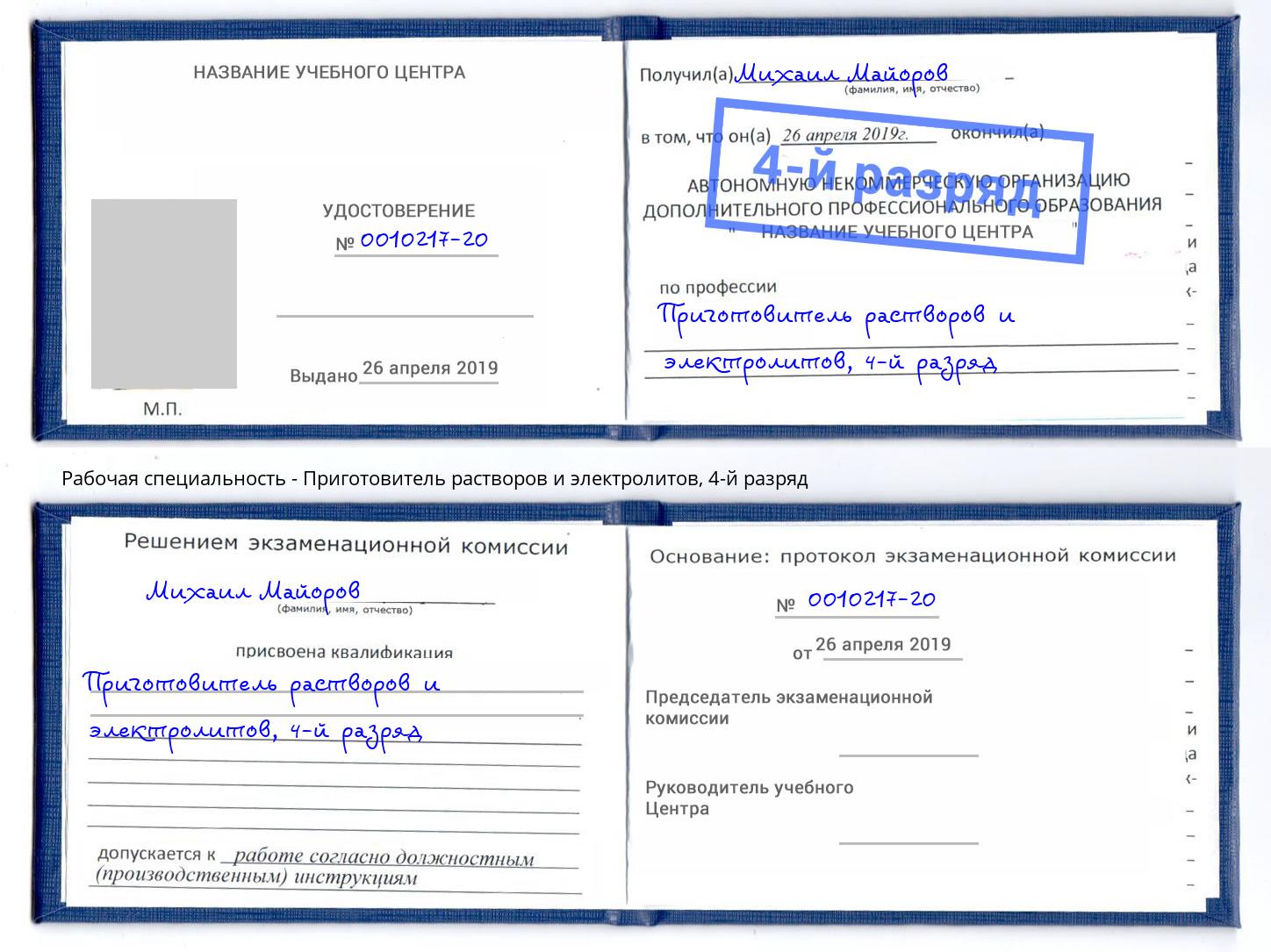 корочка 4-й разряд Приготовитель растворов и электролитов Верхняя Салда