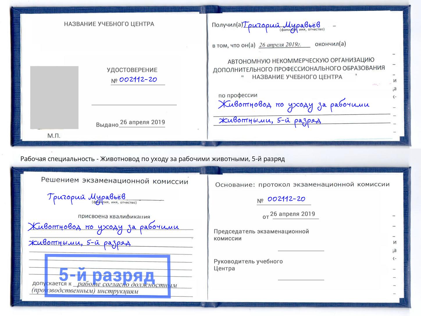 корочка 5-й разряд Животновод по уходу за рабочими животными Верхняя Салда